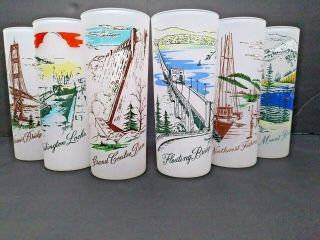 Vintage Tall Frosted Washington State Landmarks Souvenir Drink Glasses.  Set Of 6