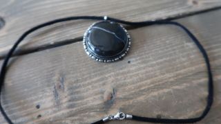 Vintage Sterling Leather Necklace With Silver Artisan Polished Stone Pendant