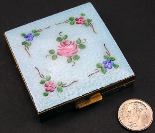 Vintage Blue Guilloche Enamel Compact Powder Mirror Roses Brass Forget - Me - Nots