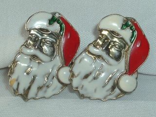 Vintage Enameled Santa Claus Christmas Holiday Clip Earrings