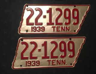 Vtg 1939 Tennessee State Shape License Plate Set Pair Beautifully Restored