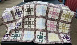 Vintage Hand Quilted Pieced Sewn Geometric Patchwork Cotton