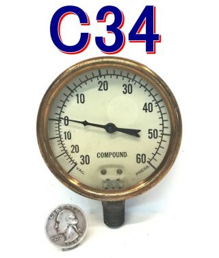 Vintage Marshalltown 3.  25 " Compound Vacuum Pressure Gauge 30/60 C34