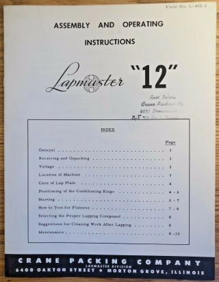 Vintage Crane Packing Company Lapmaster " 12 " Assembly And Operating Instructions