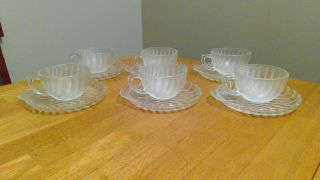 Vintage Anchor Hocking Clam Shell Clear Textured Glass Cup & Saucer Set 6