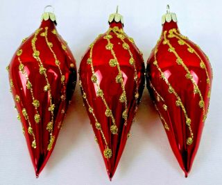 3 Vintage Glass Icicle Tear Drop Christmas Tree Ornament Red W Gold Glitter