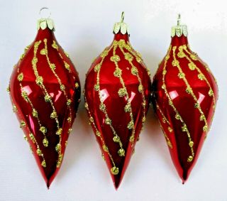 3 Vintage Glass Icicle Tear Drop Christmas Tree Ornament Red w Gold Glitter 2