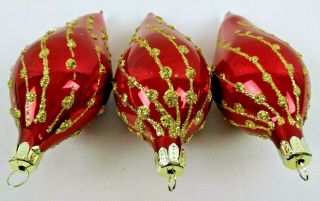3 Vintage Glass Icicle Tear Drop Christmas Tree Ornament Red w Gold Glitter 3