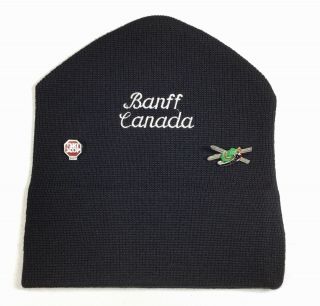 Vintage Banff Canada Ski Hat Black 100 Wool Made In Austria With 2 Vtg Ski Pins