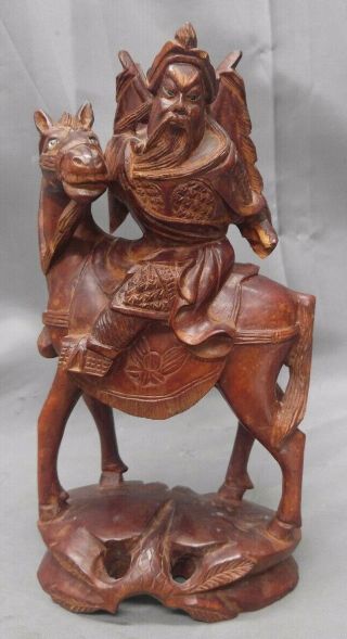 Vintage Hand Carved Asian Chinese Wooden Figure Horseman Wood Carving Statue