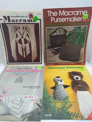 4 Vintage Macrame Pattern Books 1970s 80s Purses Wall Hanging Plant Holders Baby