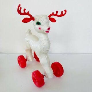 Vintage Empire Reindeer On Wheels Plastic Blow Mold Christmas Pull Toy 11 1/2 "