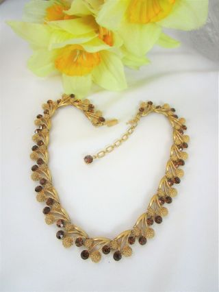 Vintage Crown Trifari Amber Rhinestone Gold Plated Choker Necklace