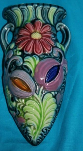 Vintage Made In Japan Wall Pocket Vase Hand Painted Floral Pattern
