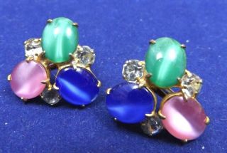 Vintage Costume Earrings Signed Sterling Multi - Color Glass Stones Screwback