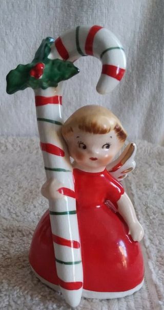 Vintage 1956 Napco Girl Christmas Angel Bell W/ Candy Cane 4 1/8 " Tall