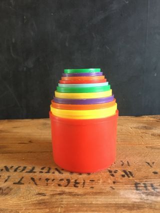 Set Of 11 Vintage Brightly Colored Plastic Stacking Nesting Cups Baby Toy Prints