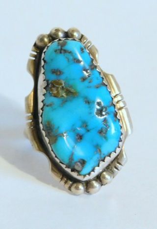 Vintage Signed Ab Native American Sterling Silver Turquoise Nugget Ring 5.  5