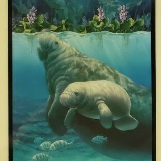 Vintage Manatee Haven Mother and Baby Manatee Tile Art 8x8 Inch Made in France 2