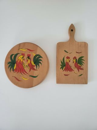 Vintage Wooden Rooster Hamburger Press & Small Cutting Board Hand Painted Japan