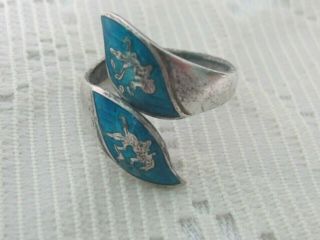 J4 Vintage Sterling Silver Siam Blue Enamel Hindu Dancers Crossover Wrap Ring