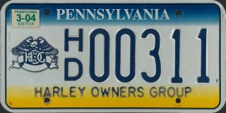 Pennsylvania Pa Harley - Davidson Owners Group Hog H.  O.  G.  License Plate Hd00311