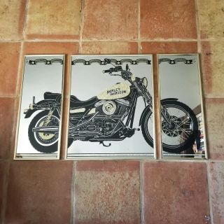 Harley Davidson Motorcycle Triptic 3 Piece Wall Mirror Man Cave Garage Decor