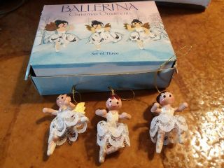 Set Of 3 Vintage Wooden Ballerina Angels Christmas Ornaments Taiwan 1983