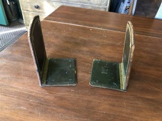 Folding Bookends Vintage Italian Brown Leather With Gold Trim