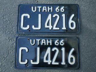 Pair: Utah 1966 Paint License Plate Matching Set Of Two.  2 Plates 