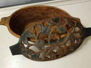 Vintage Cast Iron Wood Stove Steamer Pan Pot Oval W/acorn Oak Leaf Lid