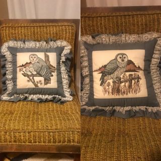 70s Vintage Quilted Decorative Owl Family Pillows Kitch