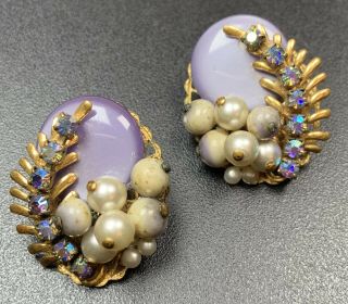 Vintage Clip Earrings Large Purple Glass Faux Pearls Ab Rhinestones Gold Tone
