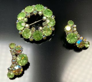 Vintage High End Designer Set Brooch Pin & Clip On Earrings Green Ab Rhinestones