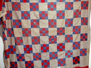 Qt 6 Vintage Quilt Top Navy Blue And Red,  Patchwork,  82 X 66 Inches,  1940/50 