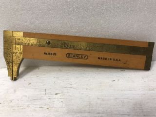 Vintage Stanley 136 - 1/2 Wood & Brass Rule / Caliper Tool Made In Usa
