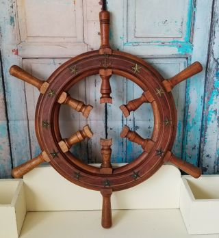 Vintage Wood Nautical Ship Wheel Wall Hanging Brass Anchor And Stars