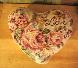 Vintage Needlepoint Heart Pillow Cover With Pillow Floral I Love You