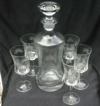 Vintage Romania Etched Crystal Wine Decanter W/5 Glasses Set