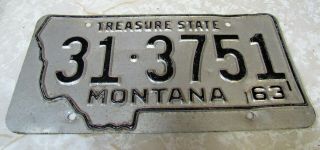 Vintage 1963 Montana License Plate Silver And Black Treasure State