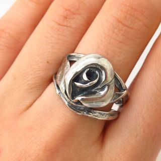 925 Sterling Silver Vintage Rose Floral Design Ring Size 8 3/4