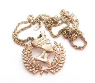 Vintage Egyptian Revival Queen Nefertiti Gold Plated Pendant Necklace A986