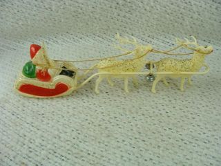 Vintage Celluloid Santa Claus In Sleigh With 2 Reindeer And Bells