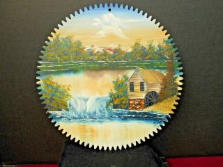 Vintage Hand Painted 11 1/4 " Metal Saw Blade Waterfalls & Mill Pre - Owned Usa