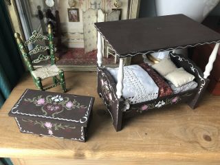 Vintage Dolls House Hand Painted Four Poster Bed,  Blanket Box & Chair.