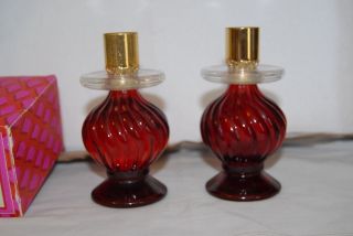 2 Avon Ruby Red Swirl Candlestick Cologne Votive Holder 1 W/ Regence Vtg 1970
