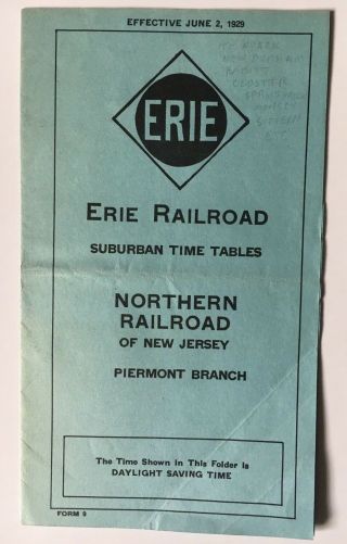 Vintage 1929 Erie Railroad Timetable Northern Rr Nj To Nyack Ny Piermont Branch