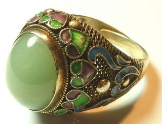 Vintage Chinese Jade Silver Enamel Ring Adjustable Size
