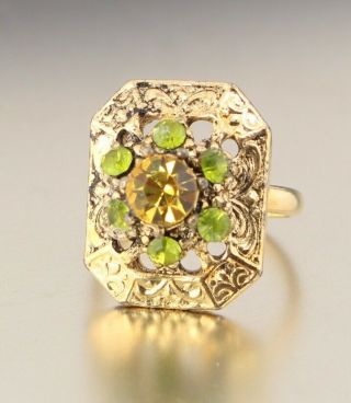 Vintage 60’s Green Yellow Crystal Glass Rhinestone Bead Adjustable Cocktail Ring