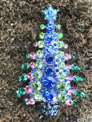 2.  5 " Large Christmas Tree Crystal Rhinestone Blue Vintage Pin Brooch Holiday Vtg